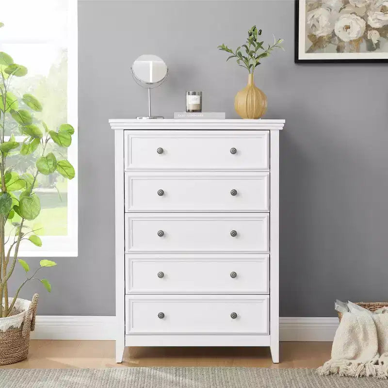 Comò a 5 cassetti – Beige / Nero / Bianco, Singolo