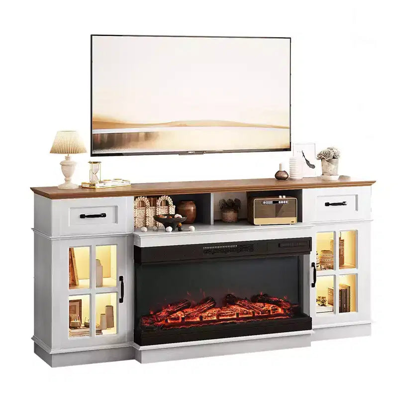 Mobile TV da 177 cm per TV fino a 80" con caminetto elettrico, effetto legno scuro/noce/bianco, montaggio da 1 persona