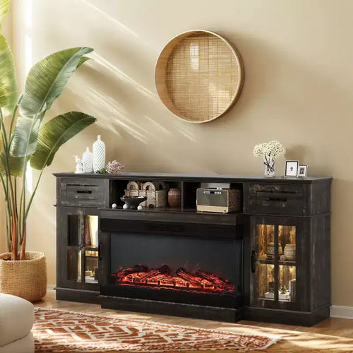 Farmhouse 70'' TV Stand For Tvs Up To 80'' With Electric Fireplace and Adjustable Shelves