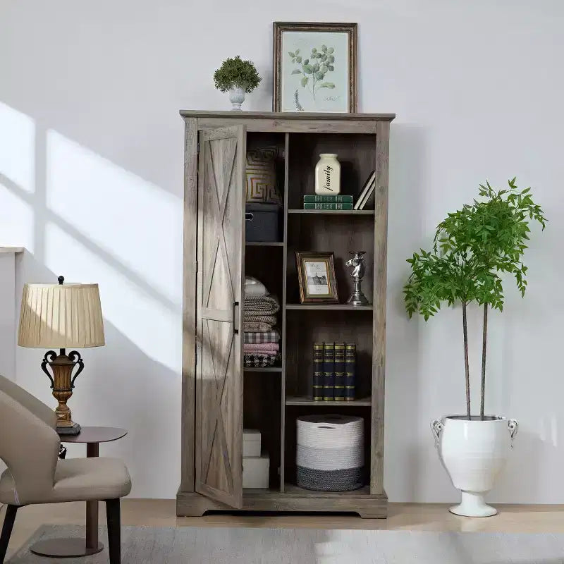 Madia/Credenza stile Country color Espresso/Grigio con anta scorrevole e mensole a vista