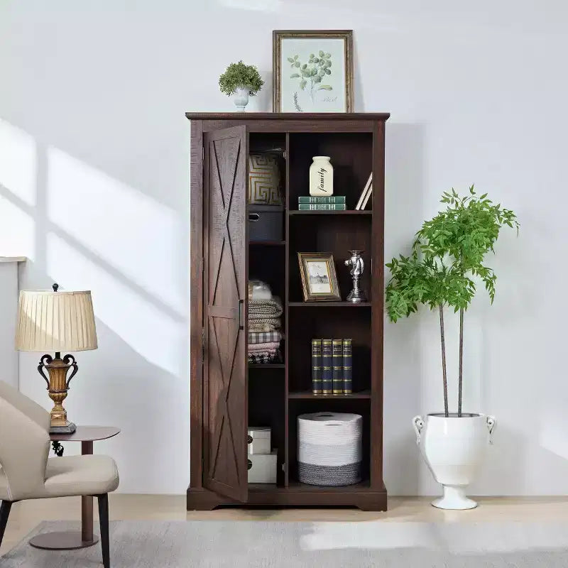 Madia/Credenza stile Country color Espresso/Grigio con anta scorrevole e mensole a vista