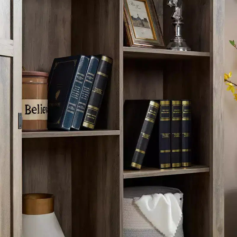 Madia/Credenza stile Country color Espresso/Grigio con anta scorrevole e mensole a vista
