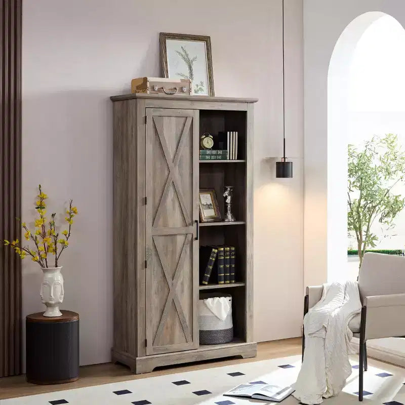 Madia/Credenza stile Country color Espresso/Grigio con anta scorrevole e mensole a vista