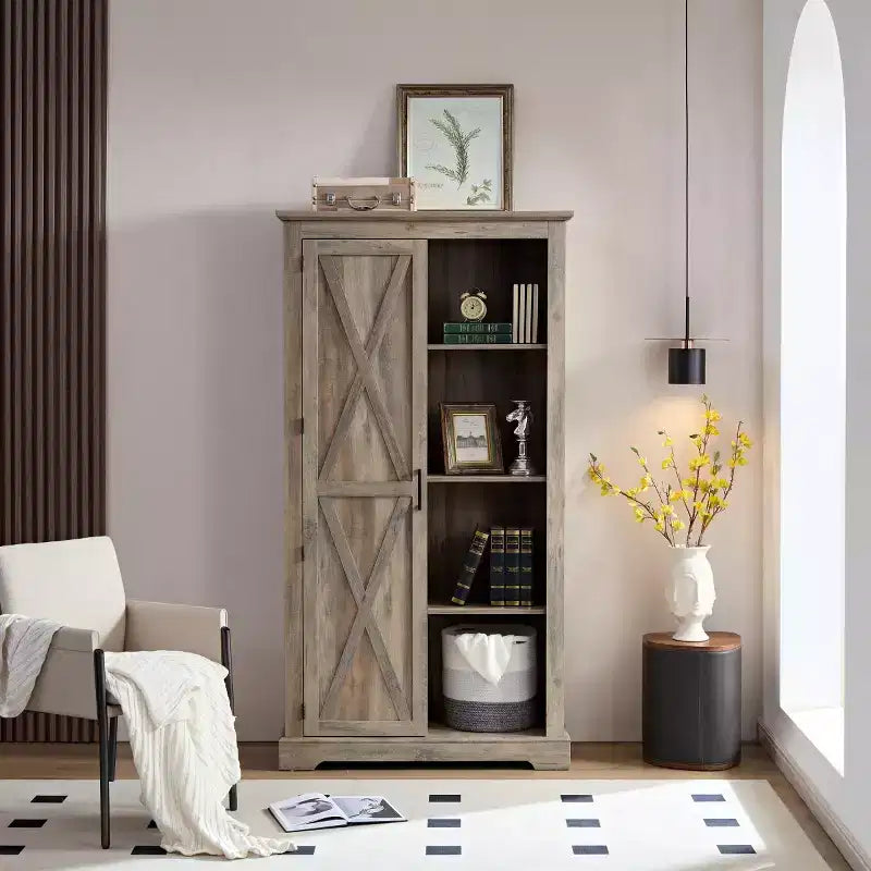 Madia/Credenza stile Country color Espresso/Grigio con anta scorrevole e mensole a vista