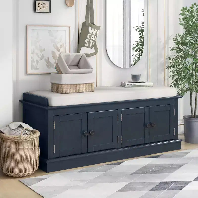 Panca portaoggetti imbottita Espresso / Grigio Lavato / Blu Navy / Bianca con 4 ante, 1 posto