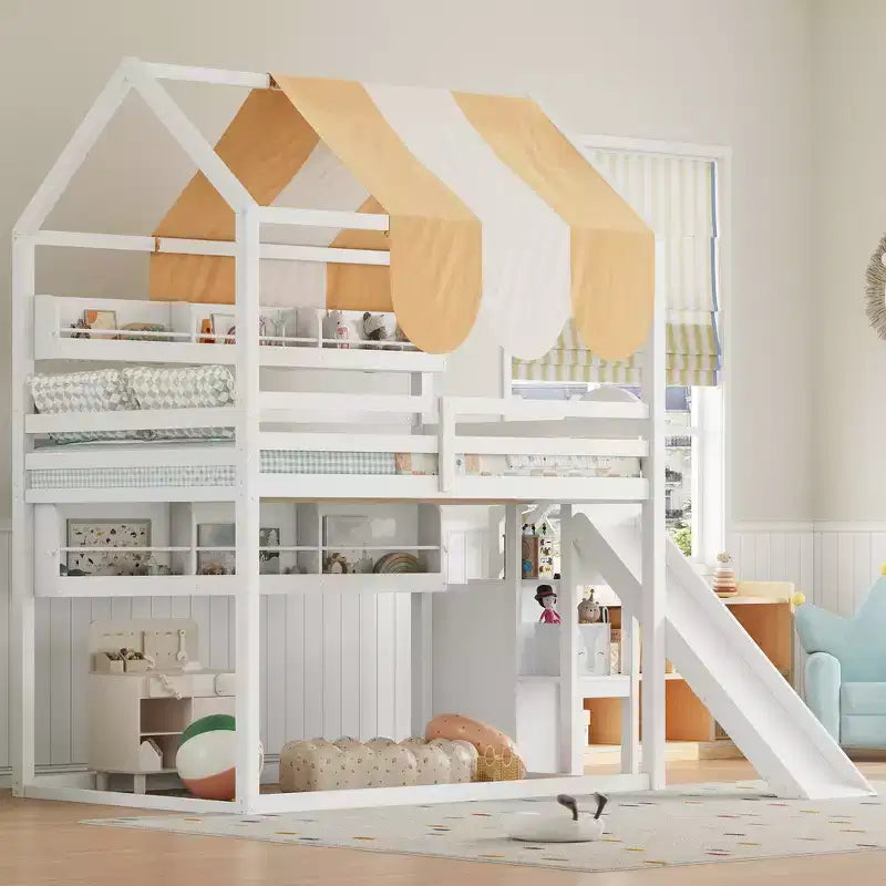 Letto a soppalco a forma di casa a grandezza naturale verde chiaro/bianco con tettuccio, scivolo e librerie, per 1 bambino