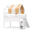 Letto a soppalco a forma di casa a grandezza naturale verde chiaro/bianco con tettuccio, scivolo e librerie, per 1 bambino