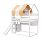 Letto a soppalco a forma di casa a grandezza naturale verde chiaro/bianco con tettuccio, scivolo e librerie, per 1 bambino
