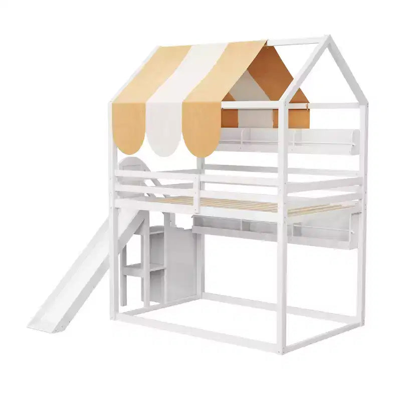 Letto a soppalco a forma di casa a grandezza naturale verde chiaro/bianco con tettuccio, scivolo e librerie, per 1 bambino