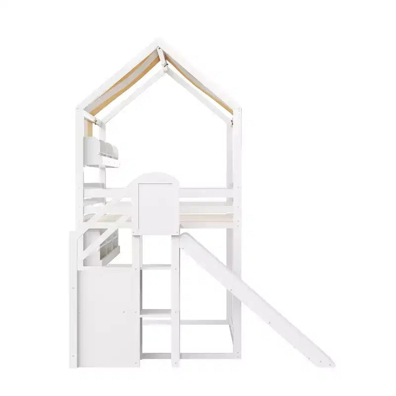 Letto a soppalco a forma di casa a grandezza naturale verde chiaro/bianco con tettuccio, scivolo e librerie, per 1 bambino