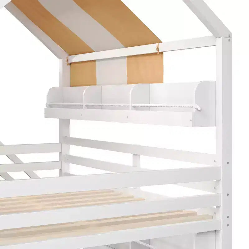 Letto a soppalco a forma di casa a grandezza naturale verde chiaro/bianco con tettuccio, scivolo e librerie, per 1 bambino