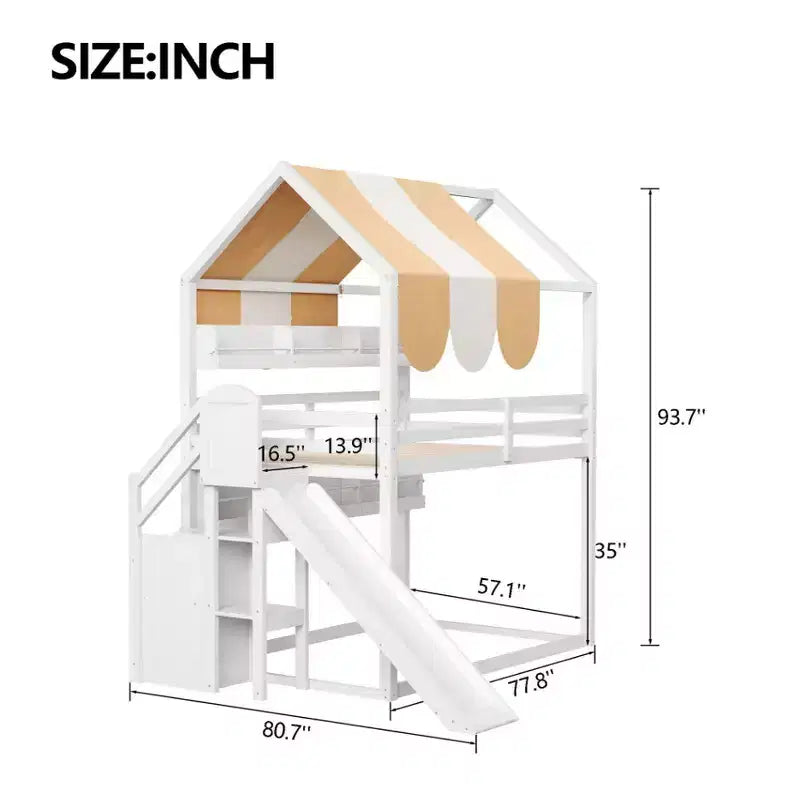 Letto a soppalco a forma di casa a grandezza naturale verde chiaro/bianco con tettuccio, scivolo e librerie, per 1 bambino