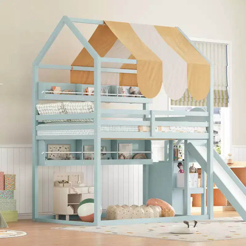 Letto a soppalco a forma di casa a grandezza naturale verde chiaro/bianco con tettuccio, scivolo e librerie, per 1 bambino