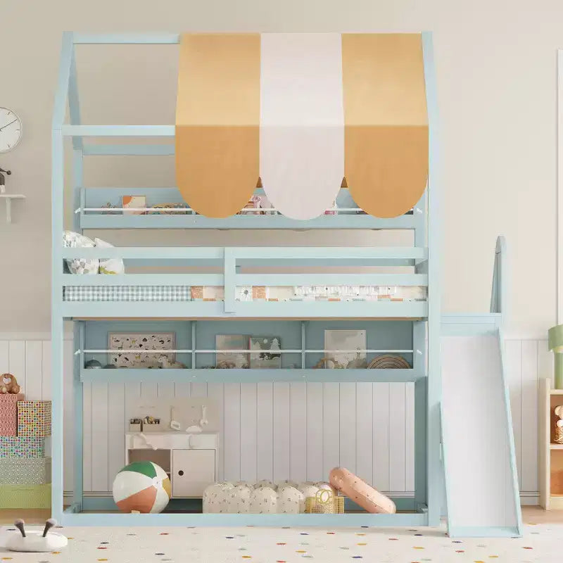 Letto a soppalco a forma di casa a grandezza naturale verde chiaro/bianco con tettuccio, scivolo e librerie, per 1 bambino