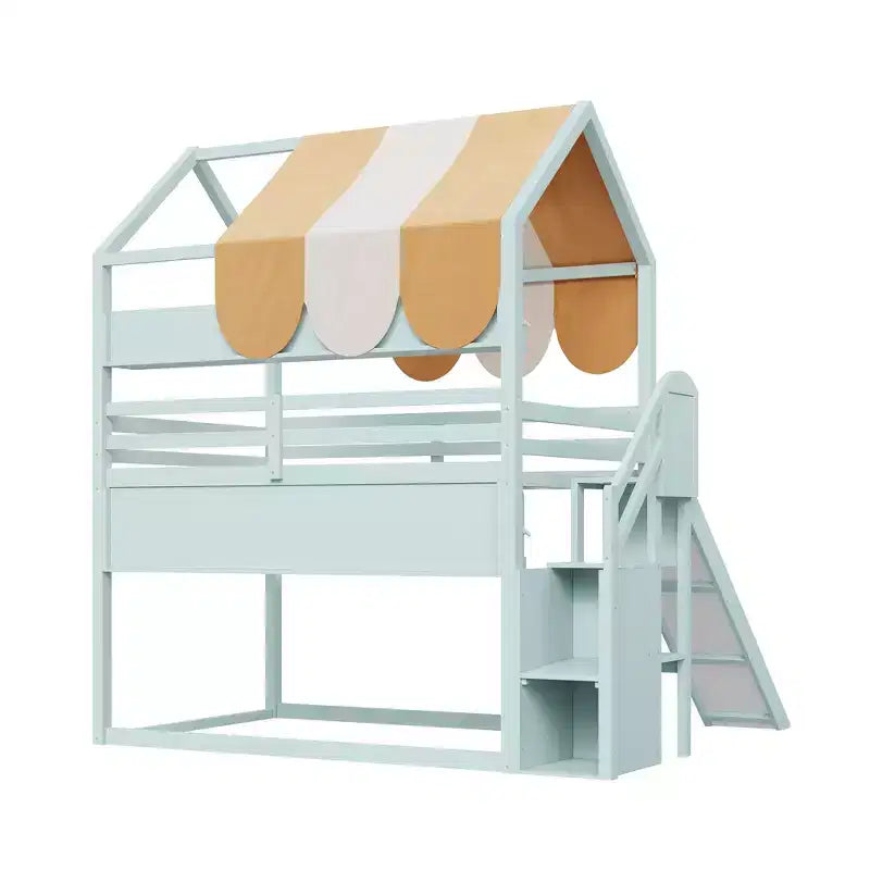 Letto a soppalco a forma di casa a grandezza naturale verde chiaro/bianco con tettuccio, scivolo e librerie, per 1 bambino