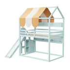 Letto a soppalco a forma di casa a grandezza naturale verde chiaro/bianco con tettuccio, scivolo e librerie, per 1 bambino