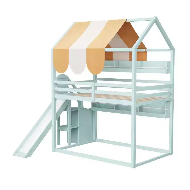 Letto a soppalco a forma di casa a grandezza naturale verde chiaro/bianco con tettuccio, scivolo e librerie, per 1 bambino