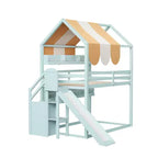 Letto a soppalco a forma di casa a grandezza naturale verde chiaro/bianco con tettuccio, scivolo e librerie, per 1 bambino