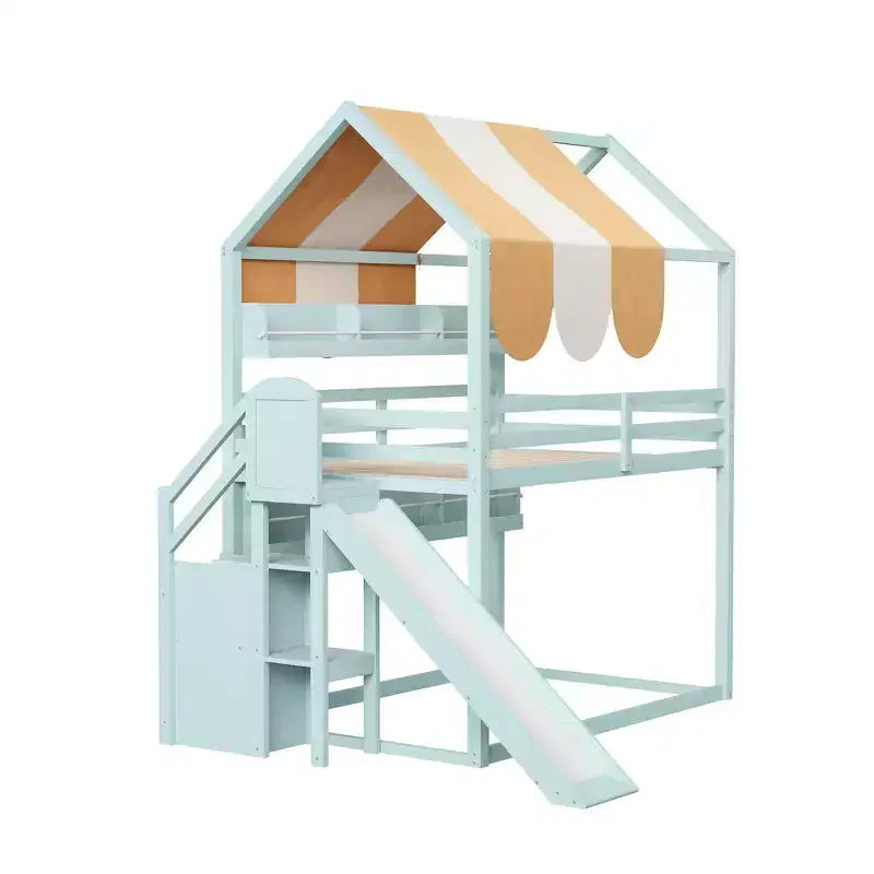 Letto a soppalco a forma di casa a grandezza naturale verde chiaro/bianco con tettuccio, scivolo e librerie, per 1 bambino