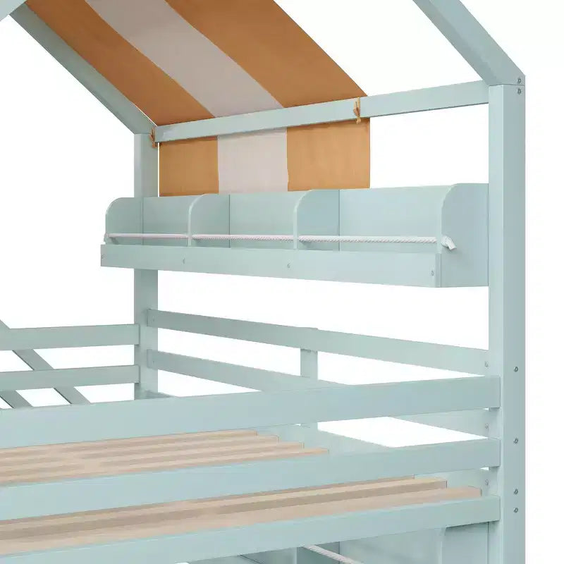 Letto a soppalco a forma di casa a grandezza naturale verde chiaro/bianco con tettuccio, scivolo e librerie, per 1 bambino