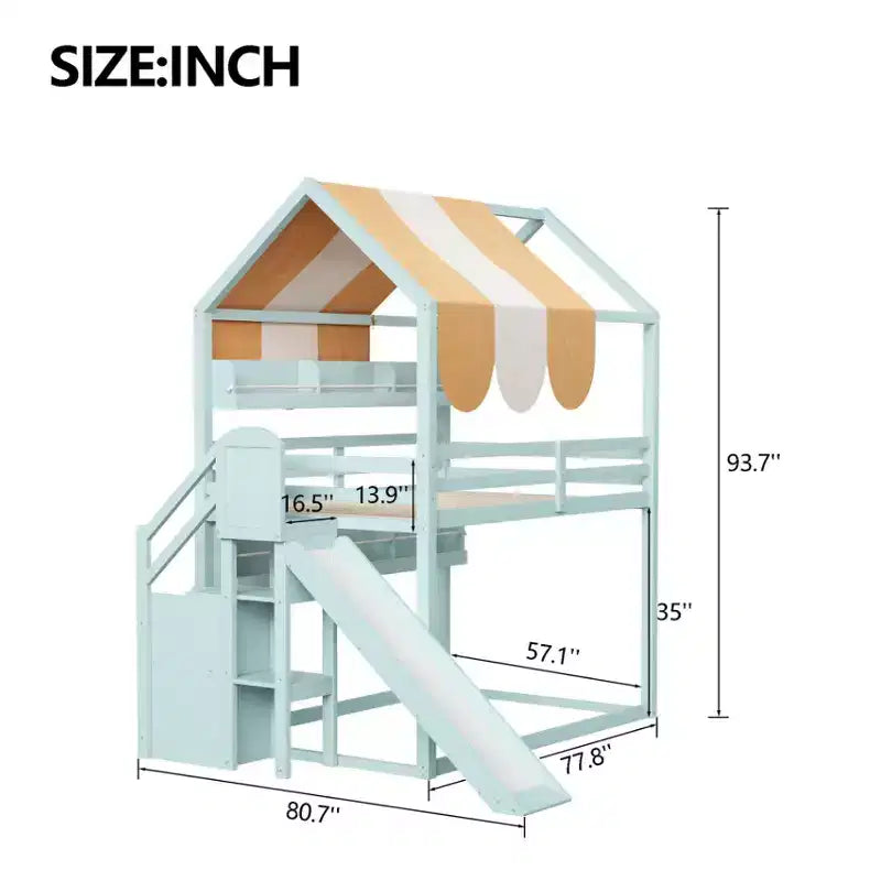 Letto a soppalco a forma di casa a grandezza naturale verde chiaro/bianco con tettuccio, scivolo e librerie, per 1 bambino