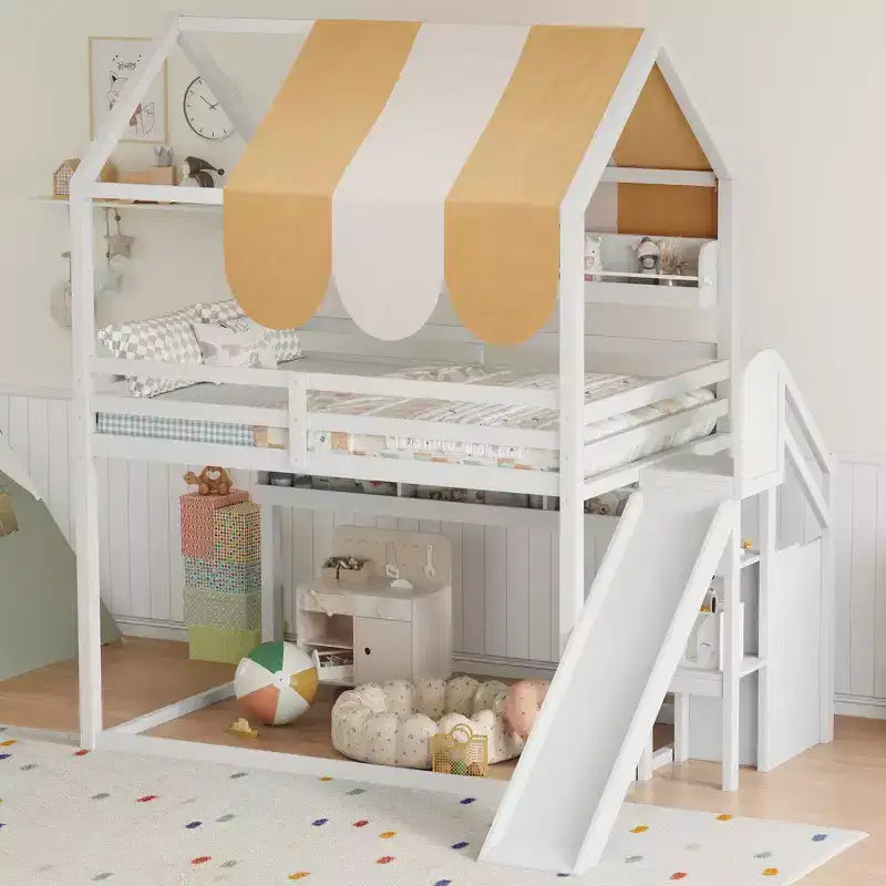 Letto a soppalco a forma di casa a grandezza naturale verde chiaro/bianco con tettuccio, scivolo e librerie, per 1 bambino