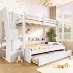 Letto a castello matrimoniale grigio/bianco con scalinata contenitore e letto estraibile, per 3 persone