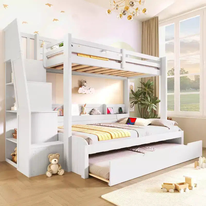 Letto a castello matrimoniale grigio/bianco con scalinata contenitore e letto estraibile, per 3 persone