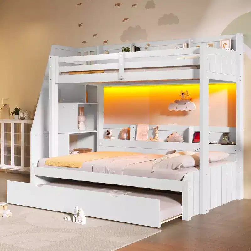 Letto a castello matrimoniale grigio/bianco con scalinata contenitore e letto estraibile, per 3 persone