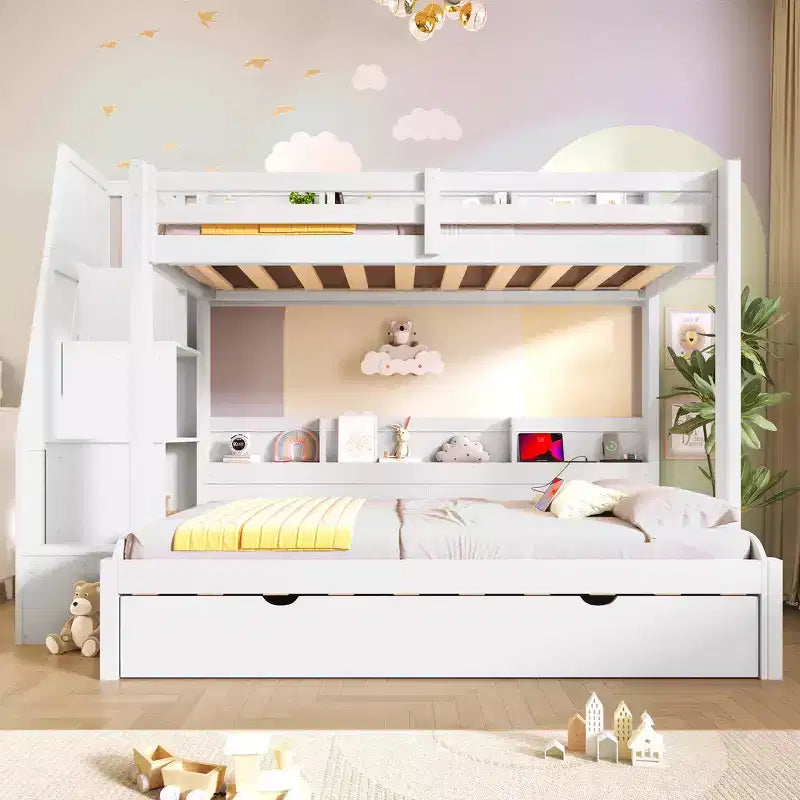 Letto a castello matrimoniale grigio/bianco con scalinata contenitore e letto estraibile, per 3 persone