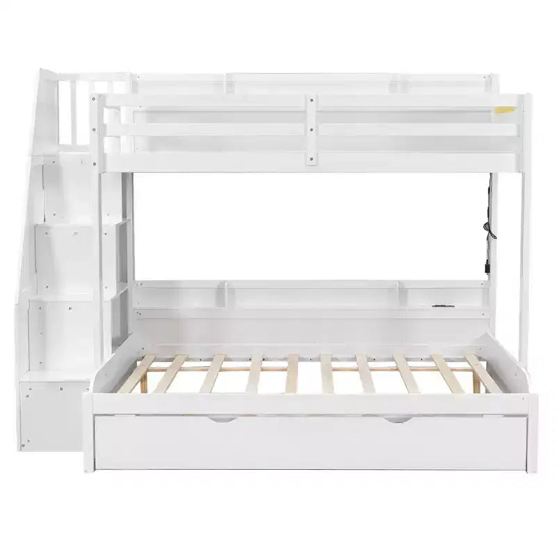 Letto a castello matrimoniale grigio/bianco con scalinata contenitore e letto estraibile, per 3 persone