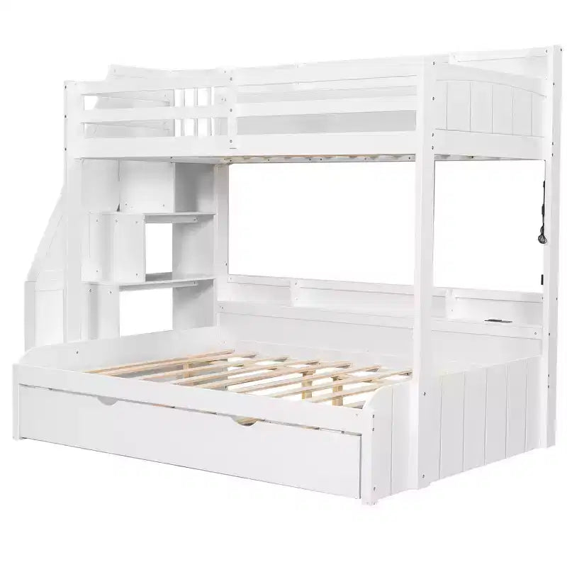 Letto a castello matrimoniale grigio/bianco con scalinata contenitore e letto estraibile, per 3 persone