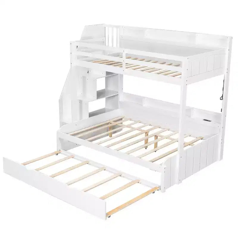 Letto a castello matrimoniale grigio/bianco con scalinata contenitore e letto estraibile, per 3 persone