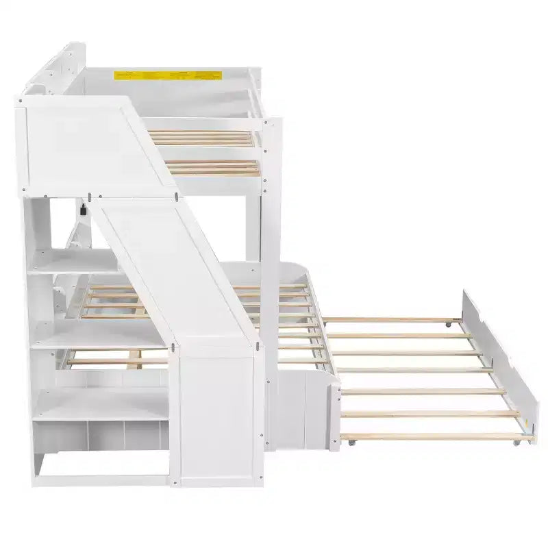 Letto a castello matrimoniale grigio/bianco con scalinata contenitore e letto estraibile, per 3 persone