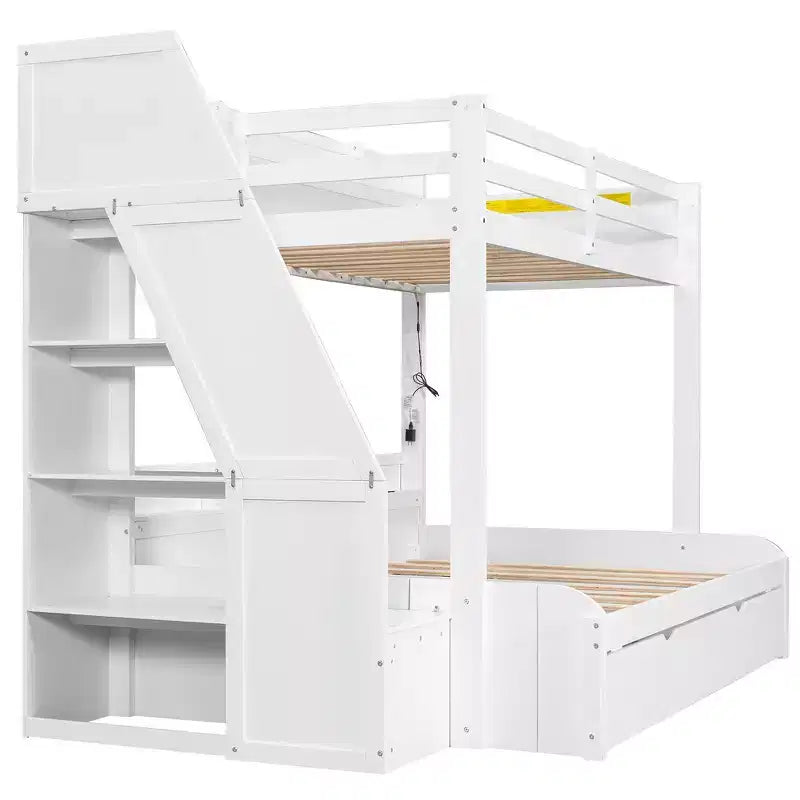 Letto a castello matrimoniale grigio/bianco con scalinata contenitore e letto estraibile, per 3 persone