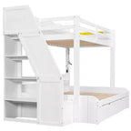 Letto a castello matrimoniale grigio/bianco con scalinata contenitore e letto estraibile, per 3 persone