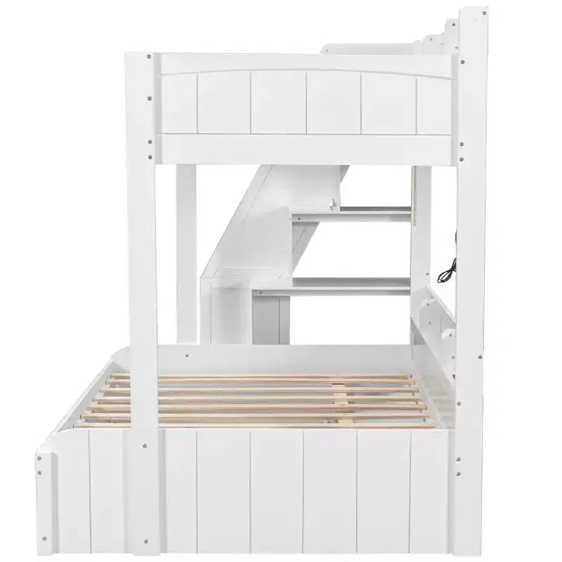 Letto a castello matrimoniale grigio/bianco con scalinata contenitore e letto estraibile, per 3 persone