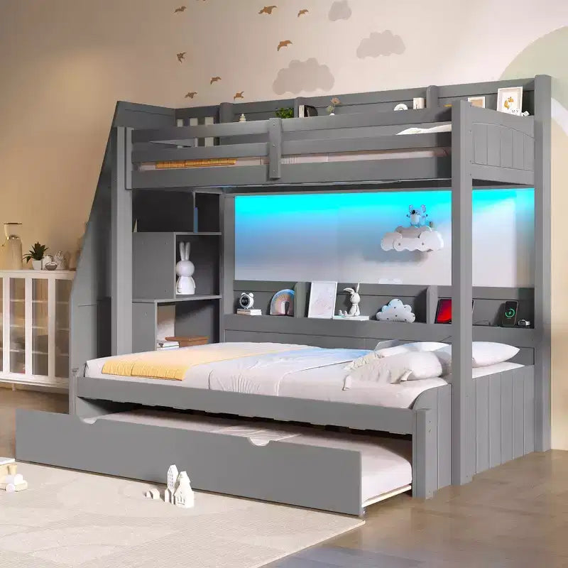 Letto a castello matrimoniale grigio/bianco con scalinata contenitore e letto estraibile, per 3 persone