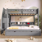 Letto a castello matrimoniale grigio/bianco con scalinata contenitore e letto estraibile, per 3 persone