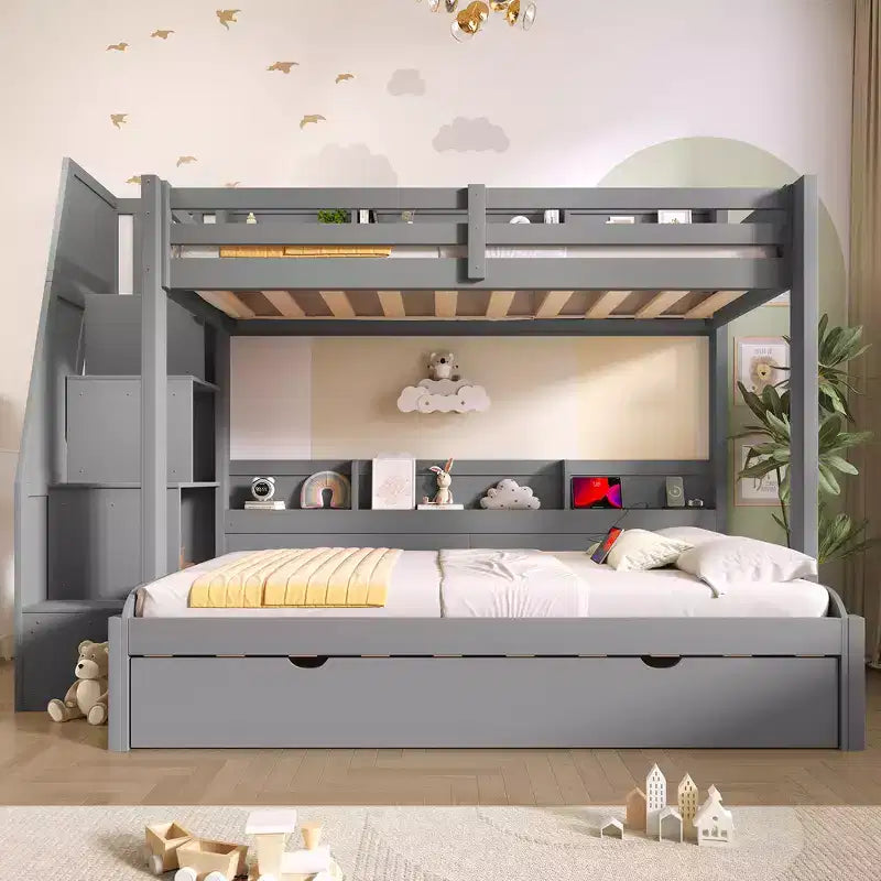 Letto a castello matrimoniale grigio/bianco con scalinata contenitore e letto estraibile, per 3 persone