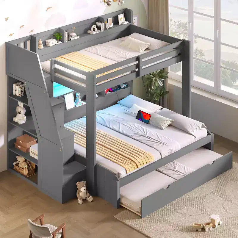 Letto a castello matrimoniale grigio/bianco con scalinata contenitore e letto estraibile, per 3 persone