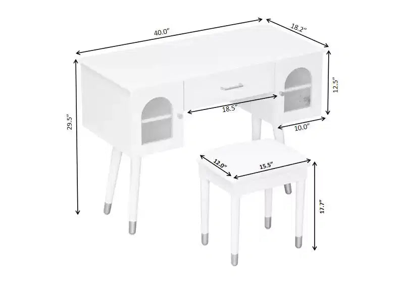 Tavolino da trucco con sgabello in similpelle, porta di ricarica e anta in vetro – Bianco/Nero, 1 persona