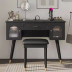 GDFStudio Terry Modern Vanity Makeup Set with Faux Leather Stool, Charging Port and Glass Door