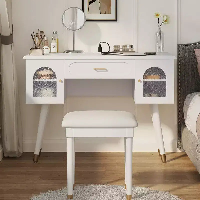 Tavolino da trucco con sgabello in similpelle, porta di ricarica e anta in vetro – Bianco/Nero, 1 persona