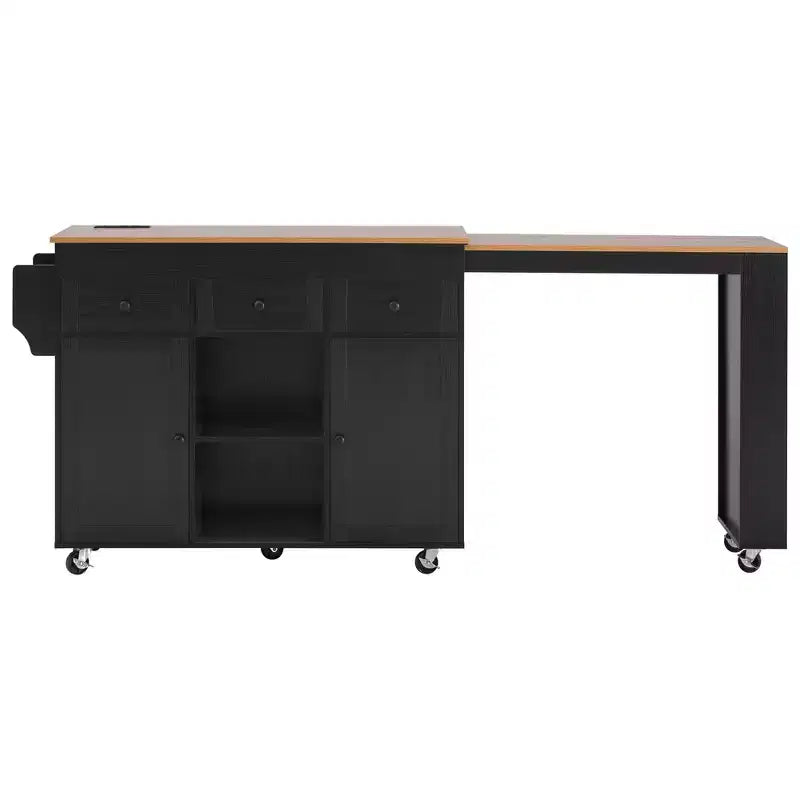 Isola Cucina Rotelle con Tavolo Estensibile, 3 Ripiani, 3 Cassetti, 2 Ante, Bianco e Nero