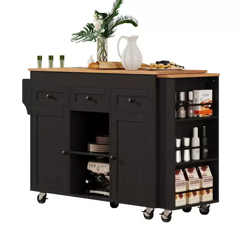 Isola Cucina Rotelle con Tavolo Estensibile, 3 Ripiani, 3 Cassetti, 2 Ante, Bianco e Nero