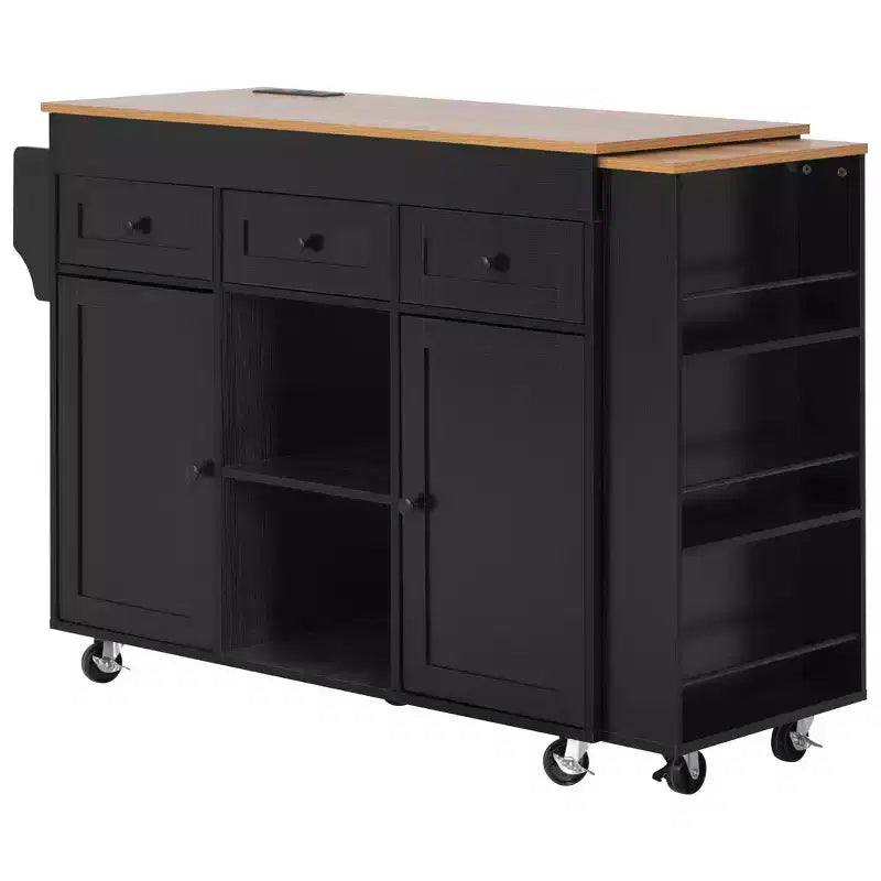 Isola Cucina Rotelle con Tavolo Estensibile, 3 Ripiani, 3 Cassetti, 2 Ante, Bianco e Nero