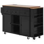 Isola Cucina Rotelle con Tavolo Estensibile, 3 Ripiani, 3 Cassetti, 2 Ante, Bianco e Nero