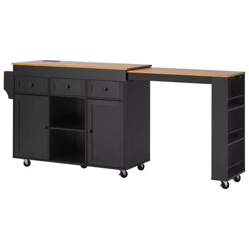 Isola Cucina Rotelle con Tavolo Estensibile, 3 Ripiani, 3 Cassetti, 2 Ante, Bianco e Nero