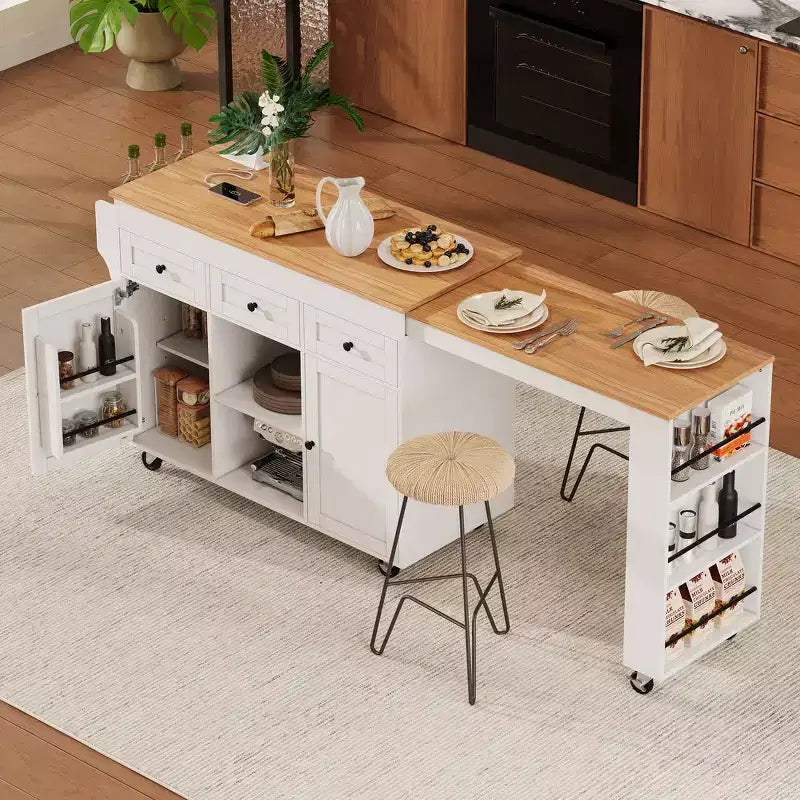 Isola Cucina Rotelle con Tavolo Estensibile, 3 Ripiani, 3 Cassetti, 2 Ante, Bianco e Nero